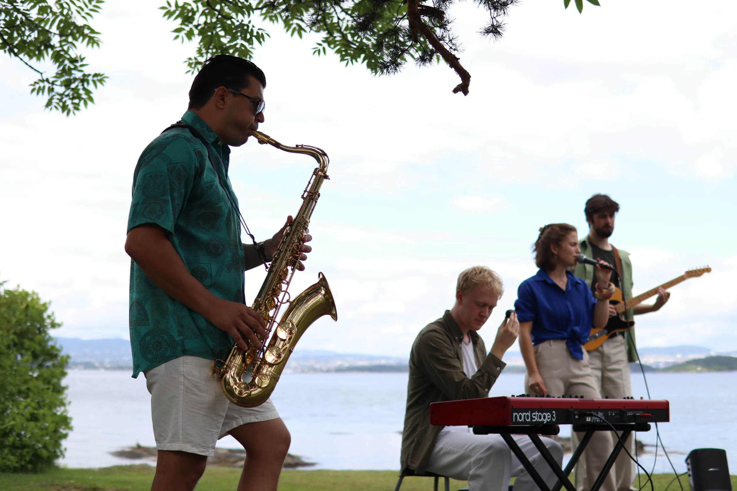 A band performing at a private event by the water.