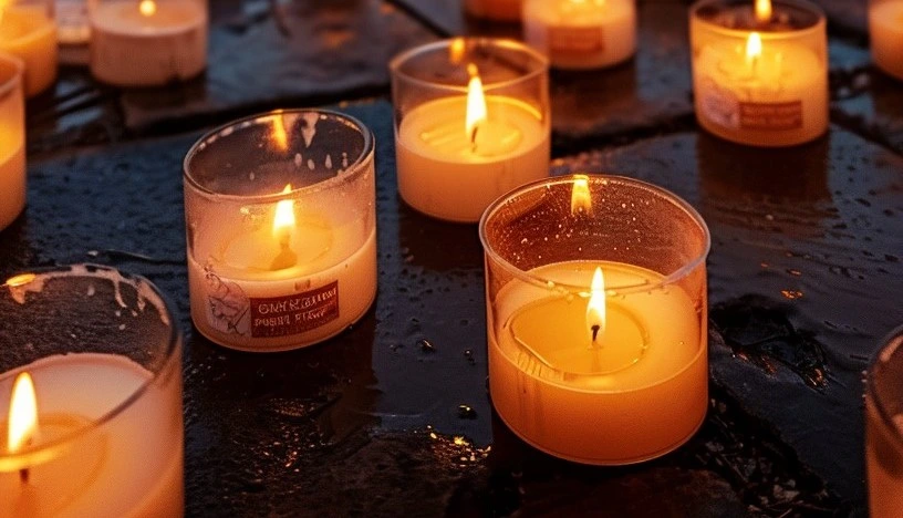 Softly glowing candles enhancing the atmosphere at a memorial service.